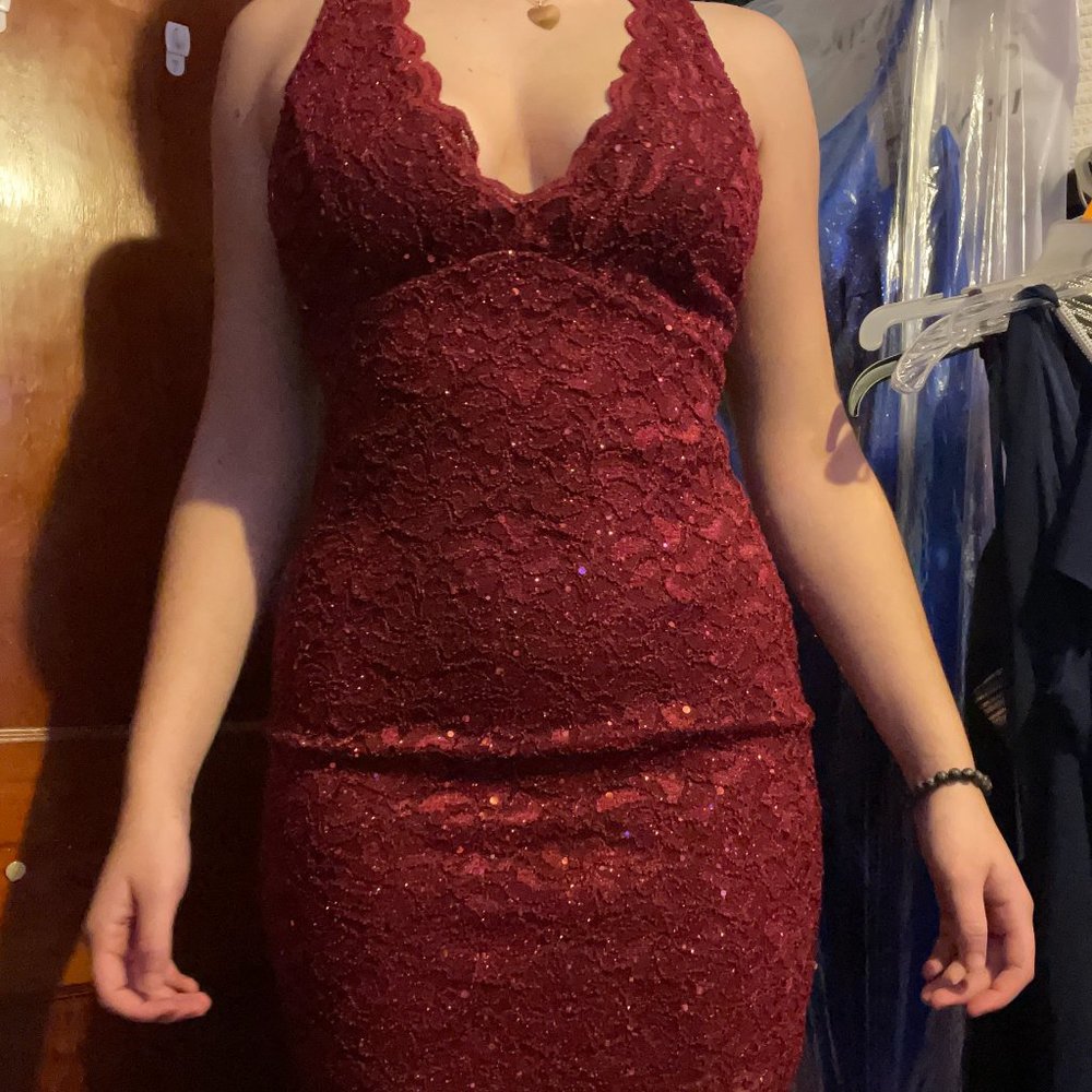 Maroon Lace Sequin V-Neck Homecoming Dress
